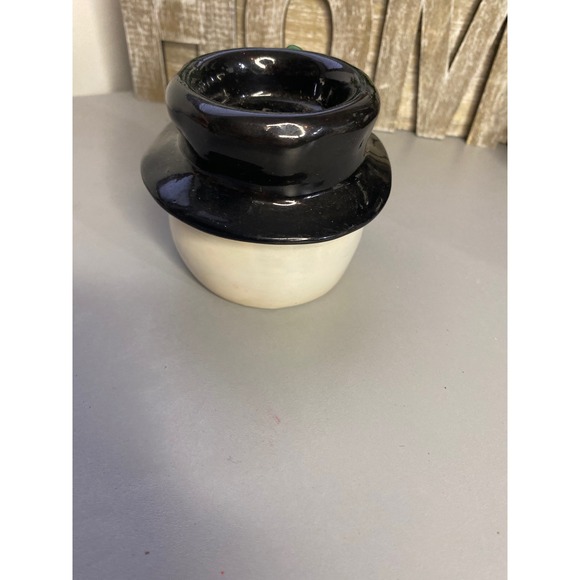 Ceramic Snowman Head Tealight Candle Holder Black Top Hat Green Leaves - Picture 3 of 6